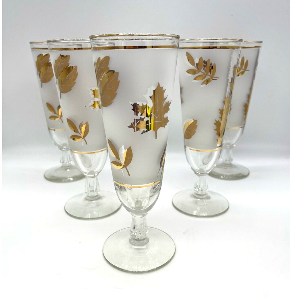 Vintage MCM Libbey Gold Leaf Footed Set of 5 Pilsner Glasses